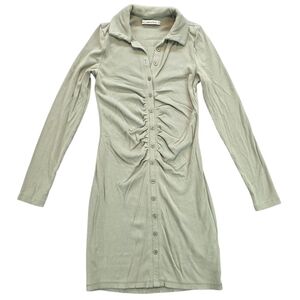 Abercrombie & Fitch Women's Sage Green Ribbed Knit Button-Down Dress Long Sleeve